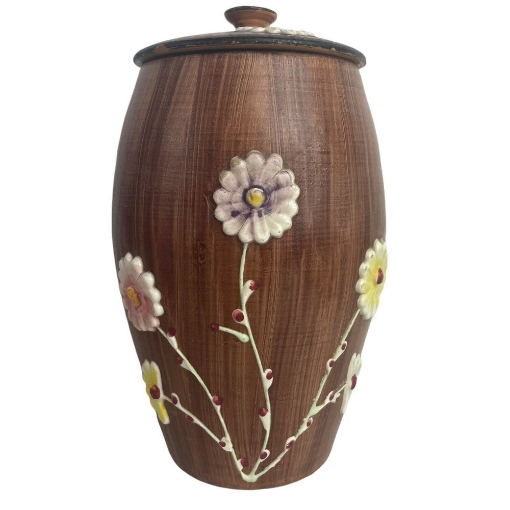 VTG Italy Brown Barrel Raised Applied Flowers Biscuit Cookie Jar Boho Decor